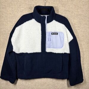 Columbia Women's Fleece Sherpa Pullover Jacket Navy White Light Blue Button Up L